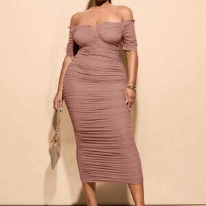 Elegant Off-Shoulder Ruched Dress - Brown
